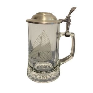 Vintage Old Spice Alwe Etched Glass Tankard with Pewter Lid Sailboat Columbia